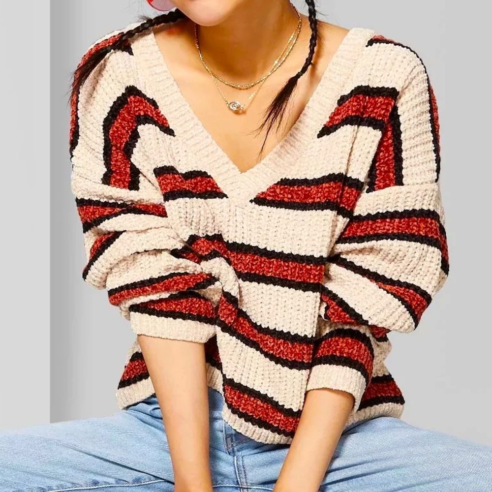 Wild Fable Rust Striped V Neck Sweater